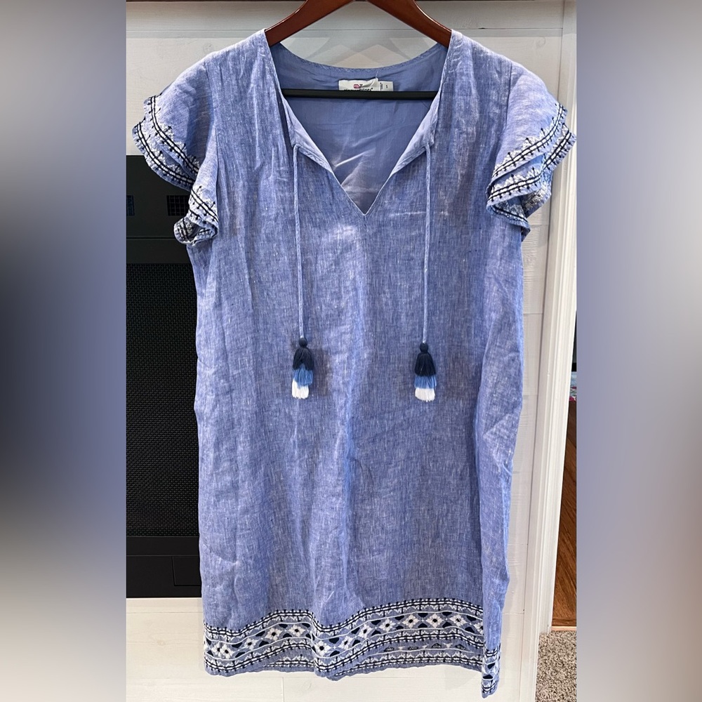 Vineyard Vines Embroidered Flutter Sleeve Tunic Dress small- chambray blue